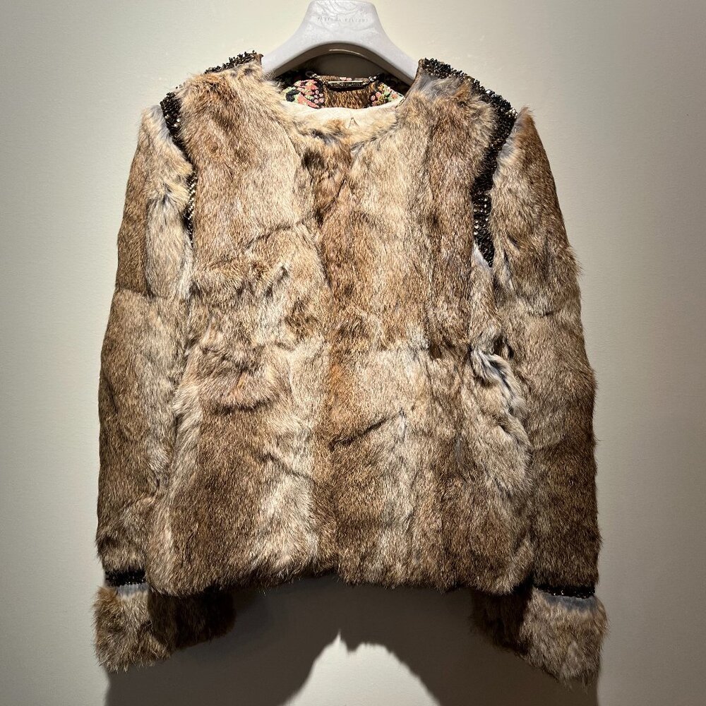 Matthew Williamson Fur Jacket w Embellishment Metal/Stone Details, Size 8, Used.